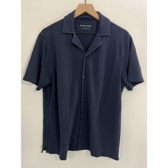 Everlane Shirt M Button Camp Knit Collared Preppy Rockabilly Elvis Grandpa Blue - Picture 1 of 12